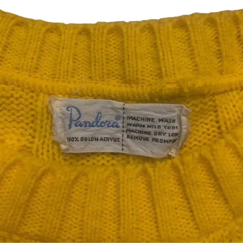 Yellow Cable Knit Crewneck Ribbed Sweater Size Small Grandpa Tennis Varsity